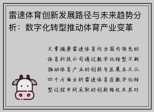 雷速体育创新发展路径与未来趋势分析：数字化转型推动体育产业变革