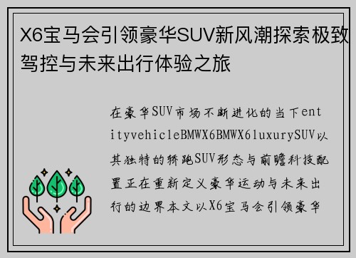 X6宝马会引领豪华SUV新风潮探索极致驾控与未来出行体验之旅 X6宝马会引领豪华SUV新风潮探索极致驾控与未来出行体验之旅